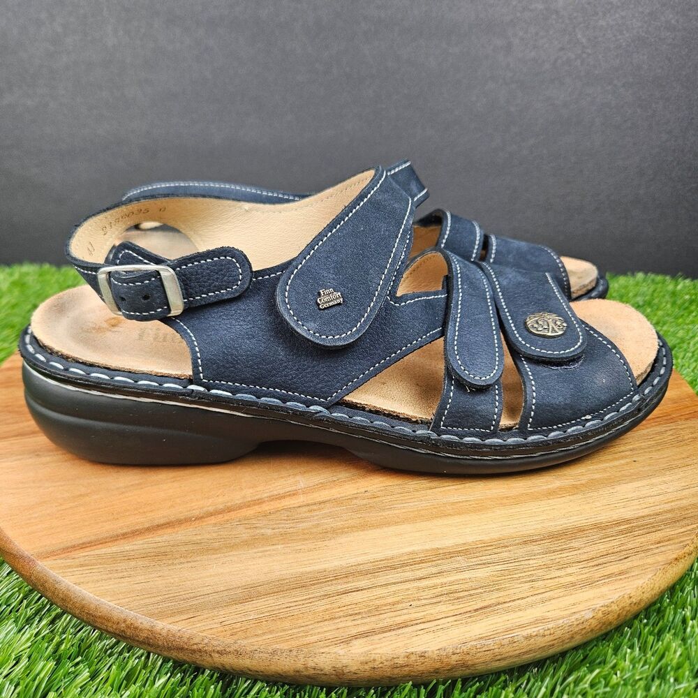 Finn Comfort Gomera Sandals Womens 41 Strappy Blue Leather Buckle Casual Wedge
